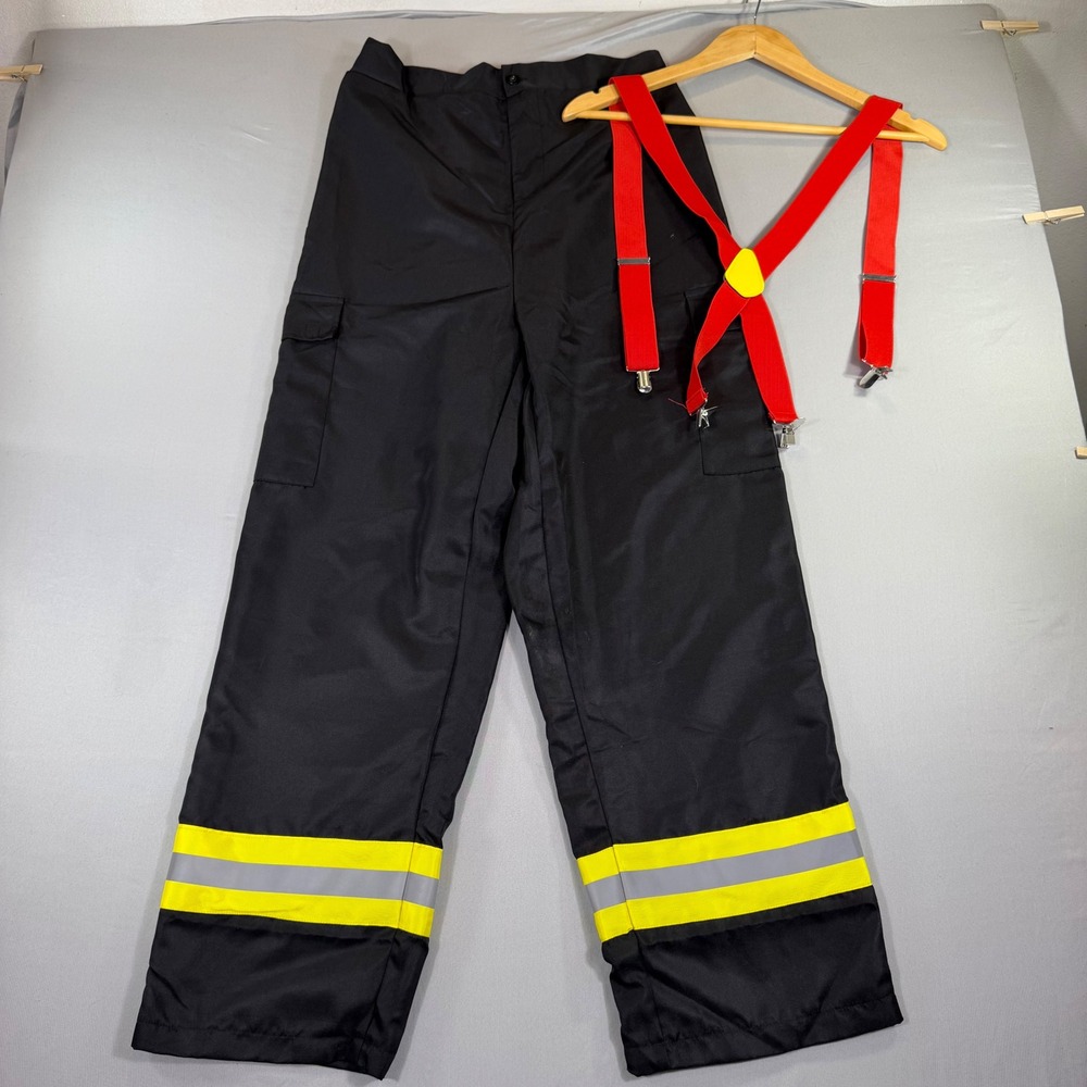 Spirit Halloween Firefighter Costume Pants Mens Large Red Suspenders Cosplay